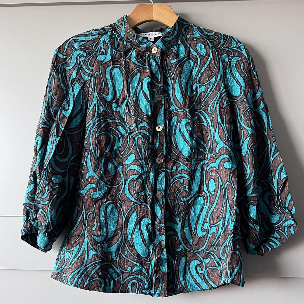 Trina Turk Shirt Womens Petite Brown Teal Silk Jacquard Button Blouse 3/4 Sleeve